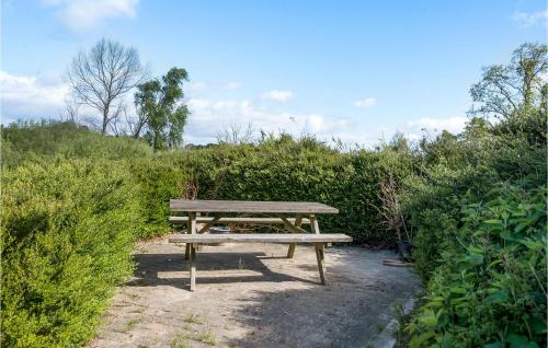 a wooden picnic table in the middle of a field at Holiday Home Træløbervej Tranekær Xi in Lokkeby