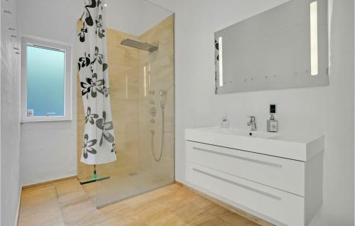 ein weißes Bad mit einer Dusche und einem Waschbecken in der Unterkunft Pet Friendly Home In Ebeltoft With Kitchen in Ebeltoft