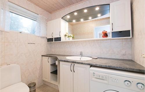 een badkamer met een wastafel, een spiegel en een toilet bij Fyrrebakken in Spidsegård