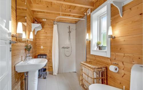 a bathroom with wooden walls and a sink and a shower at Beautiful Home In Hornbk With Wifi in Hornbæk