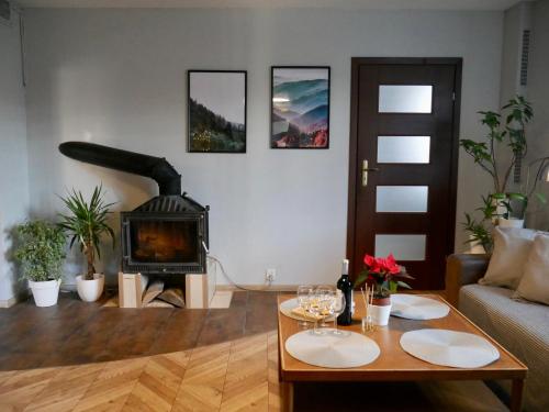 salon z kanapą i piecem opalanym drewnem w obiekcie Apartamenty Pod Hutą w Węgierskiej Górce