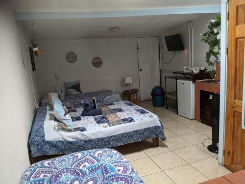 a bedroom with a bed and a kitchen at Guesthouse Casa Lapa2 in Alajuela