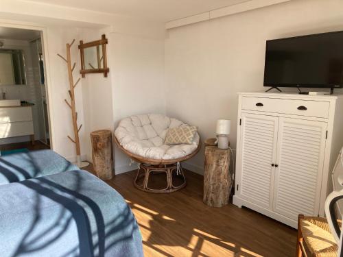 a bedroom with a bed and a chair and a flat screen tv at Bed,Kitchen and Swimming Pool Villa Esterel in Saint-Raphaël