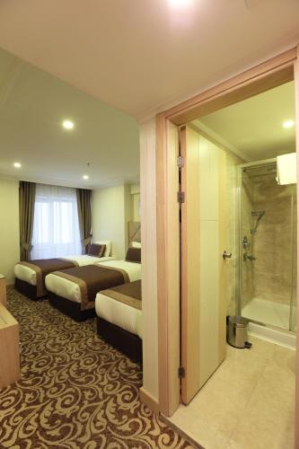 a hotel room with two beds and a shower at Alpinn Hotel Istanbul in Istanbul