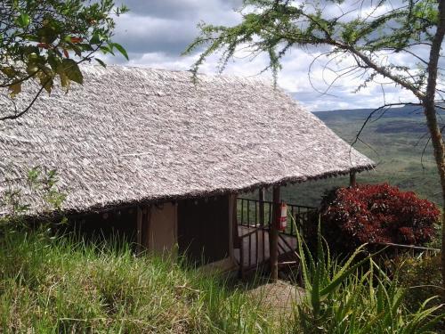 a small hut with a thatched roof in a field at Maili Saba Camp in Nakuru