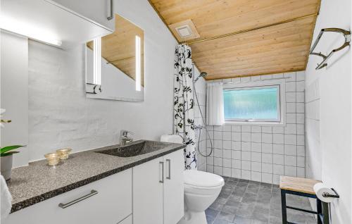 uma casa de banho com um WC, um lavatório e uma janela em Cozy Home In Rm With Kitchen em Bolilmark