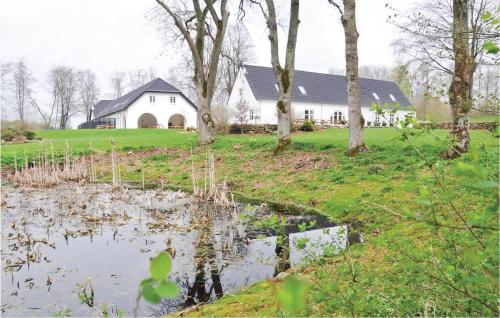 a house with a pond in front of it at Sjørupgaard in Nimtofte
