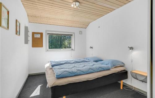 a bedroom with a large bed with blue pillows at Awesome Home In Oksbl With 4 Bedrooms, Sauna And Wifi in Ovtrup