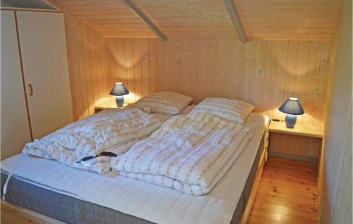 Udsholt SandにあるBeautiful Home In Grsted With 3 Bedrooms, Sauna And Wifiのランプ2つが備わる客室の大型ベッド1台分です。