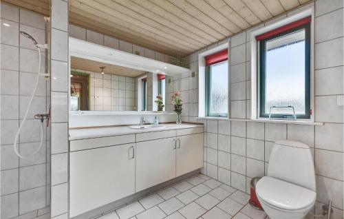 uma casa de banho com um WC, um lavatório e um espelho. em Lovely Home In Lgumkloster With House A Panoramic View em Agerskov