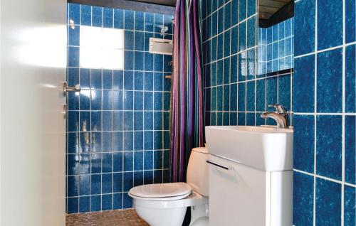 a blue tiled bathroom with a toilet and a sink at 3 Bedroom Beautiful Home In Hvide Sande in Havrvig