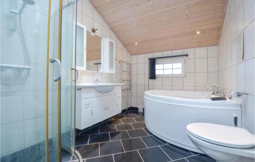Stunning Home In Rnde With Kitchen في Rønde: حمام مع حوض ومرحاض ومغسلة