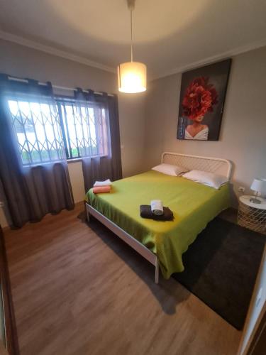 a bedroom with a large bed with a green blanket at Casa Particular das Pedras in Vila Nova de Gaia
