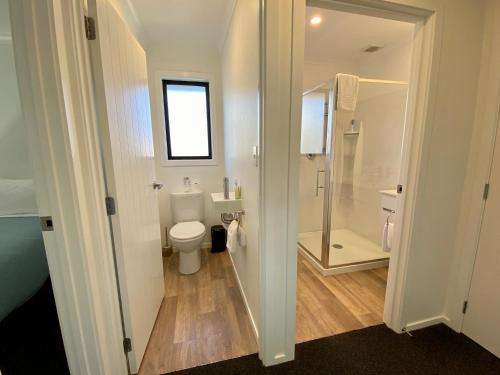 a bathroom with a toilet and a walk in shower at Townhouse Feel in Irishman in Twizel