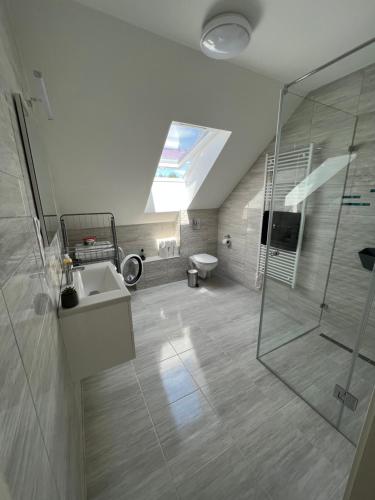 a bathroom with a sink and a glass shower at JÁNHÁZ Apartman Révfülöp in Révfülöp