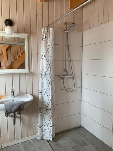y baño con ducha y lavamanos. en Ferienwohnungen im Schwedenstil, en Papenburg
