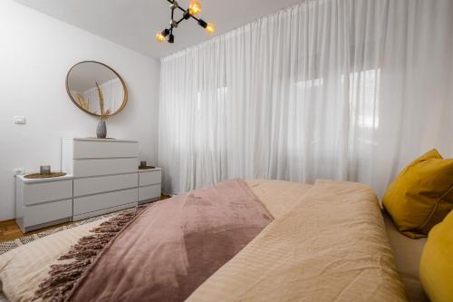 a bedroom with a large bed and a mirror at Apartmaji Spalina, Ivančna Gorica in Veliko Črnelo