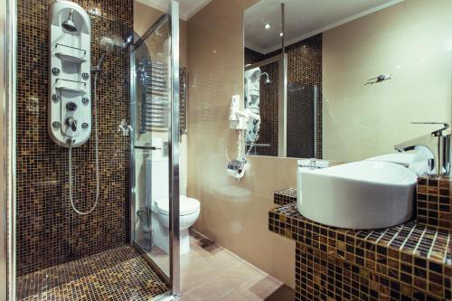 a bathroom with a sink and a shower and a toilet at Heban Hotel in Toruń