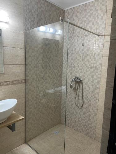 a shower with a glass door next to a sink at Pensiunea Sarah-Muntele Mic in Muntele Mic