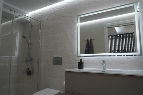 y baño con lavabo, espejo y ducha. en Apartamento Turistico Hermanos Infantes, en Estepona