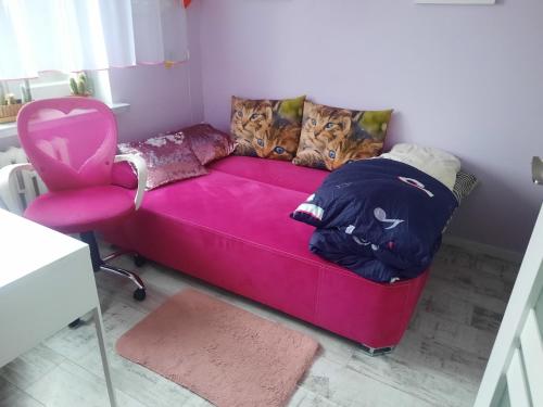 a purple couch in a room with a pink chair at Apartament Mazurski in Szczytno
