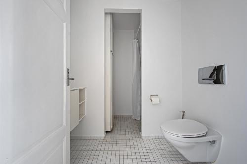 a white bathroom with a toilet and a shower at Sanders Square - Spacious Six-Bedroom Apartment Near Amalienborg in Copenhagen