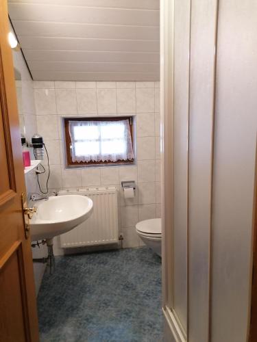 a bathroom with a sink and a toilet and a window at Hausebengut in Bad Gastein