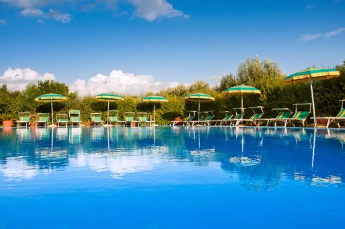ein großer Pool mit Stühlen und Sonnenschirmen in der Unterkunft Agriturismo La Fattoria in Ascea