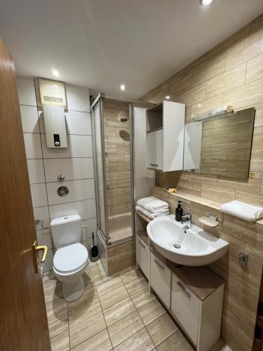 a bathroom with a toilet and a sink and a shower at Düs Apartment 3 in Düsseldorf