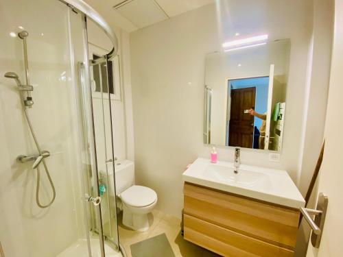 une salle de bain avec toilettes, lavabo et douche dans l'établissement Le Delfino PORT DE NICE, à Nice