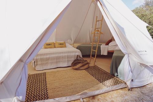 a tent with a bed and a ladder in it at Cuturi Wine Glamping in Manduria