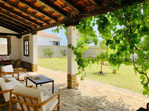un patio esterno con tavolo, sedie e albero di Casa Manuela a El Palmar