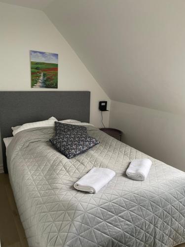 een slaapkamer met een bed met twee handdoeken erop bij Søkig in Viborg