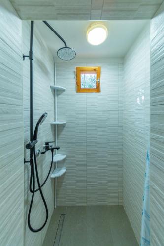 a bathroom with a shower with a glass door at Adorable Cottage in Oključna