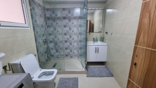 ラバトにあるMy Cosy Place Rabat - Studio Agdal 50m Arribat Centerのバスルーム(シャワー、トイレ、シンク付)