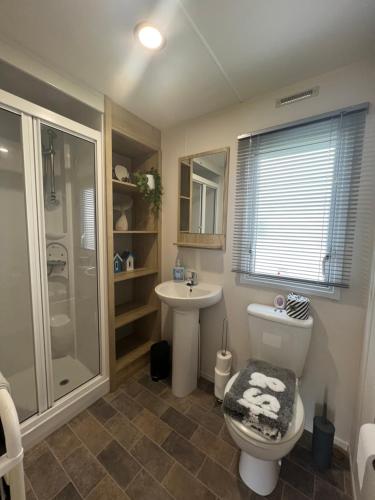 a bathroom with a toilet and a sink and a shower at Berwick Holiday Park Haven in Berwick-Upon-Tweed
