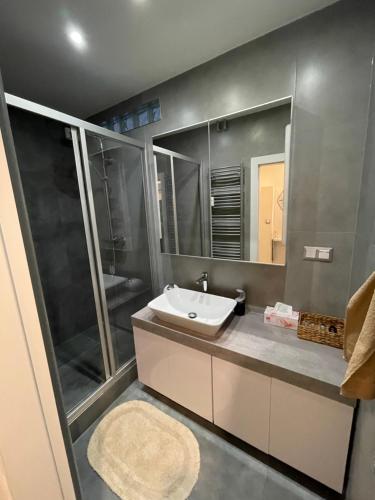a bathroom with a sink and a shower at WE Apartment - close to the center & city view in Banská Bystrica