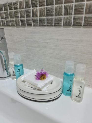 a white table with plates and bottles of water at Villa Debryanets in Rozhanka Nizhnyaya