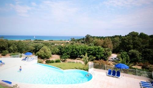 une grande piscine avec chaises et parasols dans l'établissement Le Cocon Bord de mer, à Belgodère