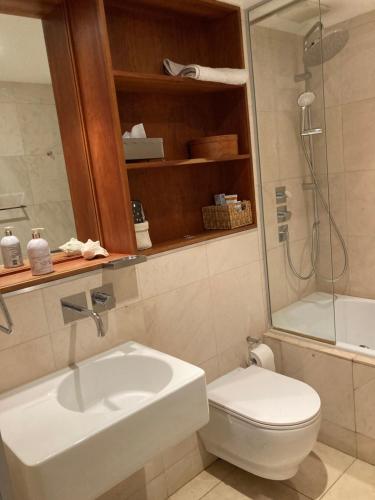 a bathroom with a sink and a toilet and a shower at Loft in Haggerston in London