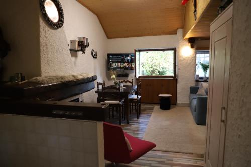 [Chalet Villa Maria] con Vista Montagne - Netflix في Mesocco: غرفة معيشة مع مطبخ وغرفة طعام
