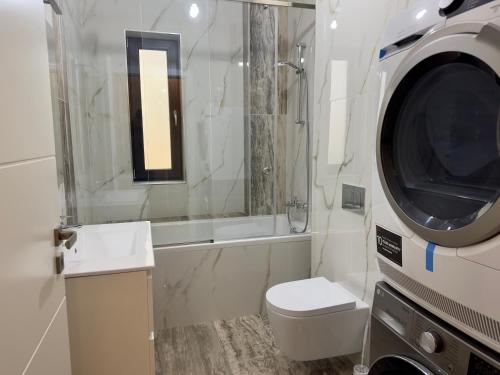 a bathroom with a toilet and a sink and a shower at Future Apartments in Giroc