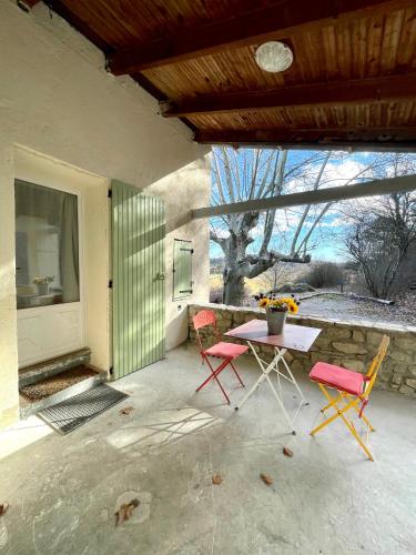 a patio with two chairs and a table with at Le petit chalus in Forcalquier