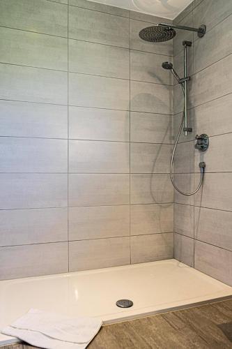 a shower with a shower head in a bathroom at Lohansler Hütte in Oberstaufen