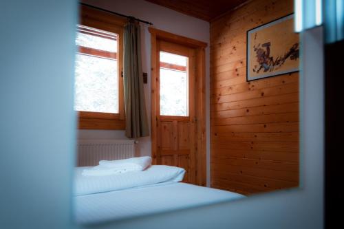 two beds in a wooden room with two windows at Cabana Lăcrămioara in Dejani