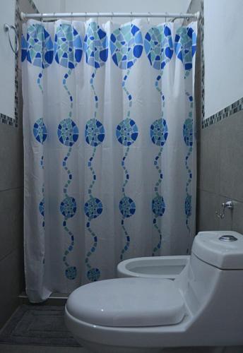 a bathroom with a toilet and a shower curtain at Cholito 2 in Alta Gracia