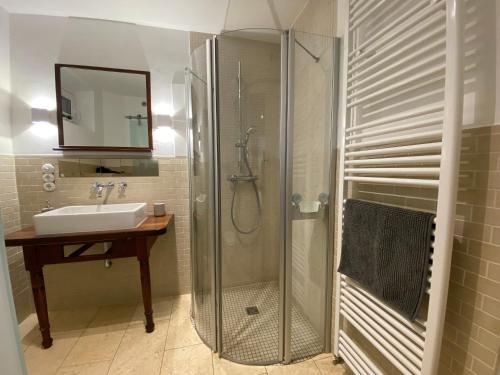 a bathroom with a glass shower and a sink at Modernes Apartment in ruhiger Lage von Neheim in Arnsberg