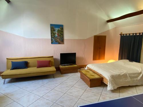 a bedroom with a bed and a couch and a tv at Spacious country house in Normandie in Moulins-le-Carbonnel