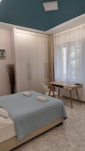 um quarto com uma cama e uma secretária. em Eper Apartman em Szeged