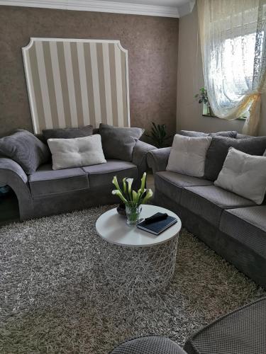 uma sala de estar com dois sofás e uma mesa em Lux apartman Lena em Belgrado